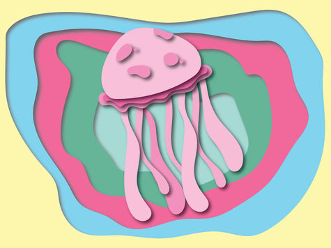 Student-designed vector note card featuring a layered paper-inspired background, an original illustration of a pink octopus, coordinated background colors of pastel yellow, blue and pink, and curved typography created in Adobe Illustrator.