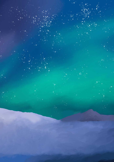 Student-created digital landscape painting completed in Adobe Photoshop using a Wacom tablet, custom brushes, layers, and digital painting techniques.
