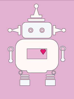 Student-designed pink and white robot monster assembled from simple geometric shapes, featuring a heart on its chest.