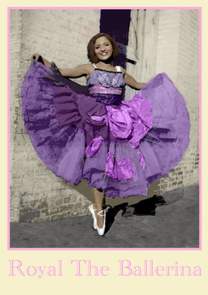 Student-restored vintage ballerina portrait featuring repaired damage, realistic colorization, and professional Photoshop photo restoration techniques with soft yellow border.