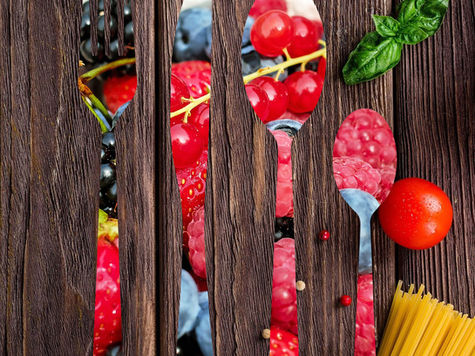 Student Photoshop composition featuring custom clipping masks, layered imagery, and rustic silverware themed visual design.