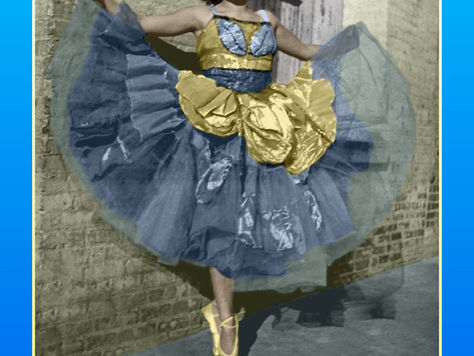 Student-restored vintage ballerina portrait featuring repaired damage, realistic colorization, and professional Photoshop photo restoration techniques.
