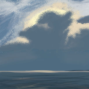 Student-created digital seascape painting completed in Adobe Photoshop using a Wacom tablet, custom brushes, layers, and digital painting techniques.