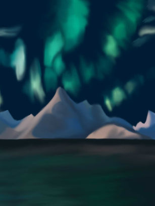Student-created digital landscape painting completed in Adobe Photoshop using a Wacom tablet, custom brushes, layers, and digital painting techniques.