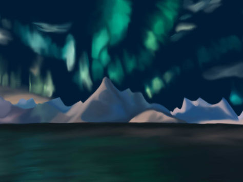 Student-created digital landscape painting completed in Adobe Photoshop using a Wacom tablet, custom brushes, layers, and digital painting techniques.
