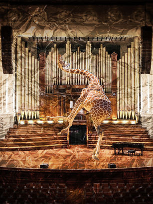 Student-created digital artwork featuring a creatively posed giraffe in an imaginative environment using Photoshop Puppet Warp, compositing, and visual storytelling techniques.