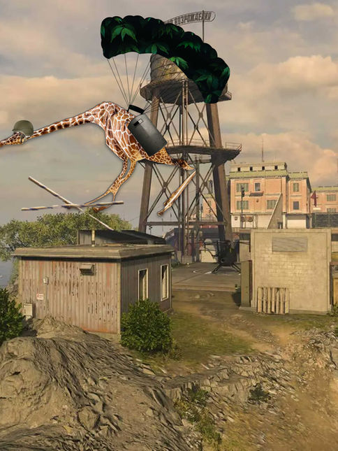 Student original design of a giraffe using Photoshop's puppet-warp tool and special effects.
