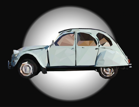 Student-designed low-poly portrait of a vintage white Volkswagen shown in profile against a dramatic black background and circular spotlight, capturing the vehicle’s timeless character and elegant form. Created in Adobe Illustrator.