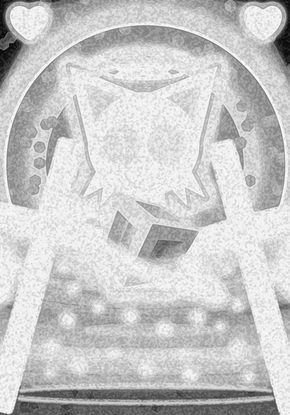 Monochromatic sketchbook cover featuring a large mirrored fantasy-style character with geometric facial markings, heart shapes, and a grainy gray textured effect.