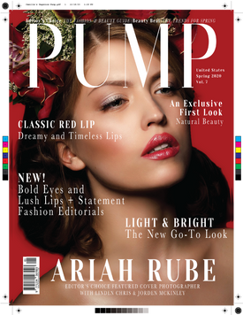 Student-designed, camera-ready PUMP fashion magazine cover featuring a glamorous beauty portrait set on bold red with cosmetics and style headlines. Editorial headlines arranged with strong typography and visual hierarchy. Created using Adobe Illustrator and prepared for professional printing. Crop marks, registration marks, color bars, and other printer’s marks surround the finished cover.