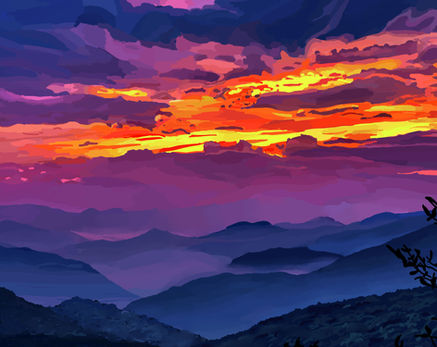 Student-created digital landscape painting completed in Adobe Photoshop using a Wacom tablet, custom brushes, layers, and digital painting and blending techniques. The painting is a deep purple mountain range fading into a misty valley beneath a brilliant red, orange, and purple sunset sky.