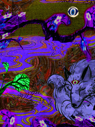 Student-created surreal digital composition inspired by Salvador Dalí and using Photoshop compositing techniques featuring a visionary illustration of purple streams, flowers and fox.