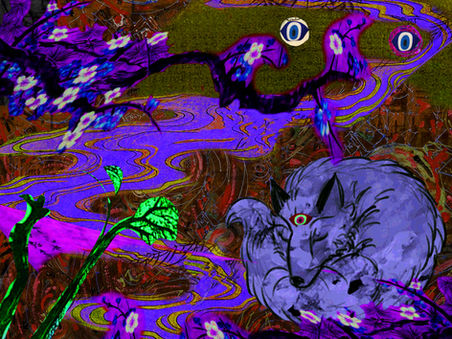 Student-created surreal digital composition inspired by Salvador Dalí and using Photoshop compositing techniques featuring a visionary illustration of purple streams, flowers and fox.