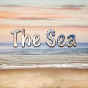 Student-created clipping mask design featuring the words "The Sea" filled with oceanic photography.
