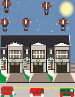 Student-designed vector illustration of a cheerful neighborhood with matching townhouses, colorful vehicles, floating hot-air balloons, and a softly glowing sun, created in Adobe Illustrator.