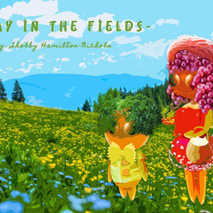 Student-designed storybook cover featuring original fruit and vegetable characters, creative digital compositing, and custom typography created in Adobe Photoshop.
