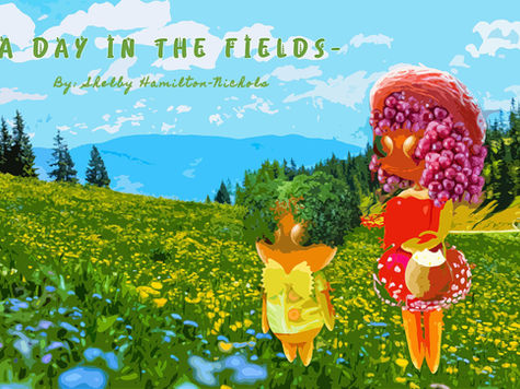 Student-designed storybook cover featuring original fruit and vegetable characters, creative digital compositing, and custom typography created in Adobe Photoshop.
