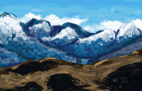 Student-created digital landscape painting of snow-covered blue mountains with softly blended icy peaks, dark rocky hills, and open sky completed in Adobe Photoshop using a Wacom tablet, custom brushes, layers, and painting techniques.