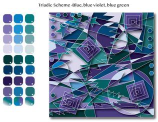 Student-designed geometric abstract vector composition outlined in white with drop shadows using a vibrant palette of violet and teal with custom tints, tones, shades, and gradients. The word "Analogous" communicate the mood inspired by the colors.