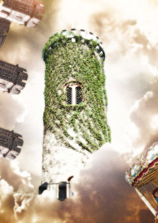 Student-created surreal digital composition inspired by Salvador Dalí and using Photoshop compositing techniques featuring bastions in the clouds.