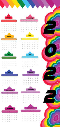 A 2022 full-year calendar featuring a vibrant rainbow cloud border on the right and multi-colored headers for each monthly grid.