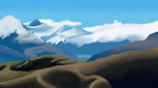 Student-created digital landscape painting of snow-covered blue mountains with softly blended icy peaks, dark rocky hills, and open sky completed in Adobe Photoshop using a Wacom tablet, custom brushes, layers, and painting techniques.