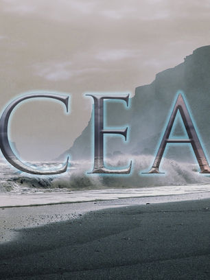 Student-created clipping mask design featuring the word "Ocean" filled with scenic photography.