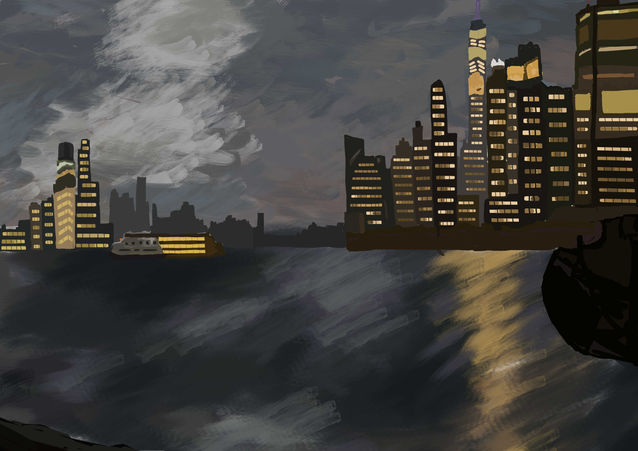 Student-created digital city-scape painting completed in Adobe Photoshop using a Wacom tablet, custom brushes, layers, and digital painting techniques.