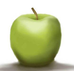 Student-created digital illustration of an apple painted in Adobe Photoshop using a Wacom tablet, custom brushes, layers, and digital painting techniques.
