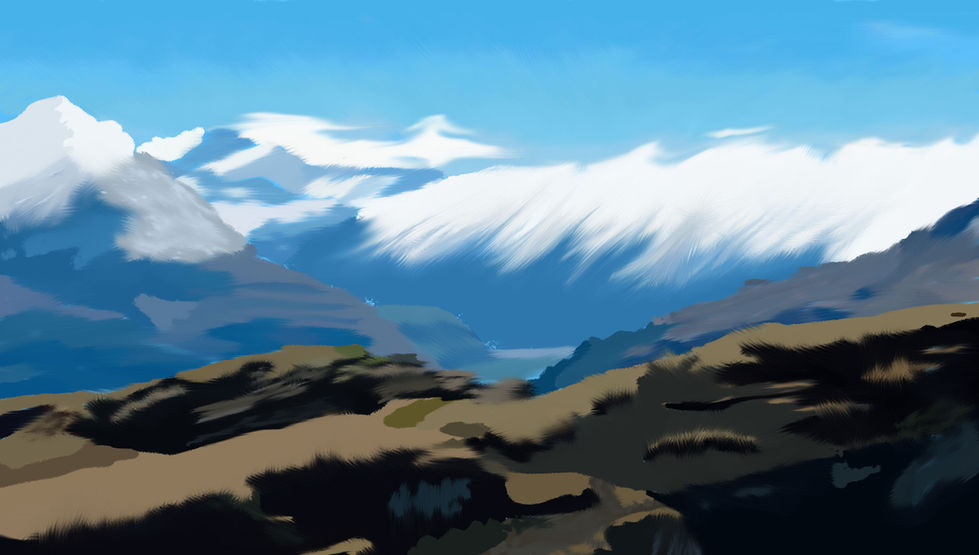 Student-created digital landscape painting of snow-covered blue mountains with softly blended icy peaks, dark rocky hills, and open sky completed in Adobe Photoshop using a Wacom tablet, custom brushes, layers, and painting techniques.