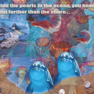 Imaginative collage featuring dolphins, fish, birds, pearls and other sea-related images.