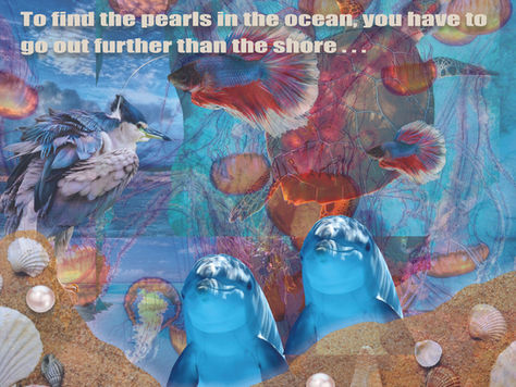 Imaginative collage featuring dolphins, fish, birds, pearls and other sea-related images.