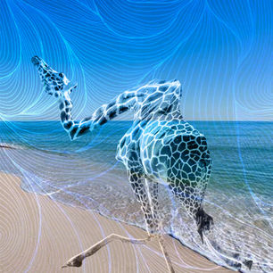 Student-created digital artwork featuring a creatively posed giraffe in an imaginative environment using Photoshop Puppet Warp, compositing, and visual storytelling techniques.