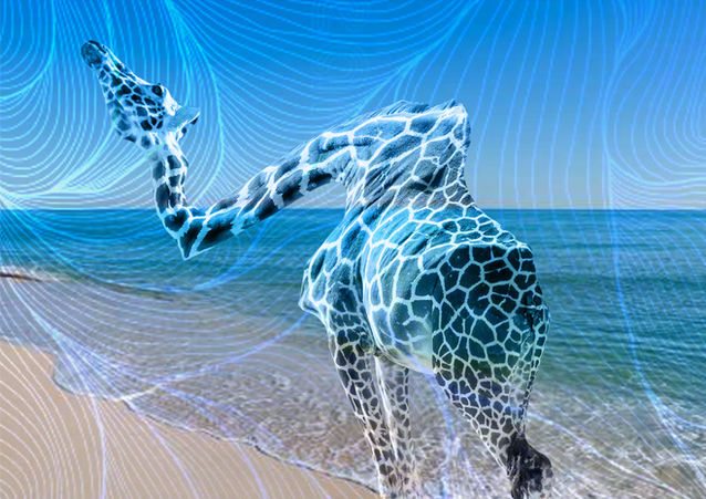 Student-created digital artwork featuring a creatively posed giraffe in an imaginative environment using Photoshop Puppet Warp, compositing, and visual storytelling techniques.