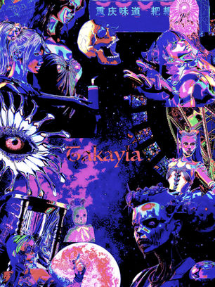 Student-designed sketchbook cover created in Adobe Photoshop using digital compositing and mixed media techniques to reflect personal interests. The composition is a dense, high-contrast collage rendered in deep blues, purples, and blacks, blending anime characters, skulls, hourglasses, and geometric patterns with glowing cosmic textures and central personalized typography reading "Takayla."