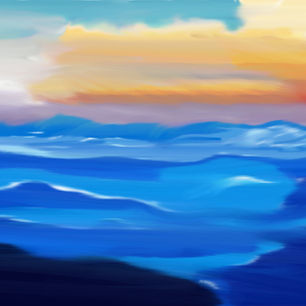 Student-created digital seascape painting completed in Adobe Photoshop using a Wacom tablet, custom brushes, layers, and digital painting techniques.