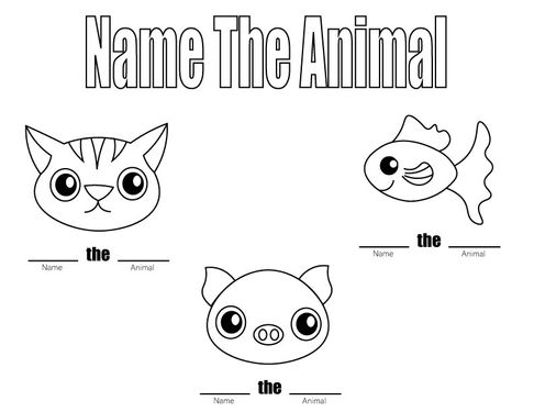 Student-designed coloring page featuring a simple line-art illustration a cat, a pig and a fish and the words "Name The Animal", created in Adobe Illustrator for children to color.