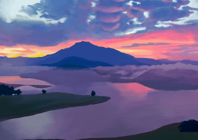 Student-created digital landscape painting completed in Adobe Photoshop using a Wacom tablet, custom brushes, layers, and digital painting techniques.