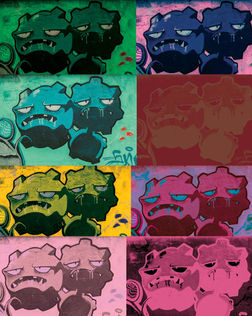 Boldly-colored original character design in abstract symmetry arrangement using Photoshop Adjustment Layers to explore color and mood.