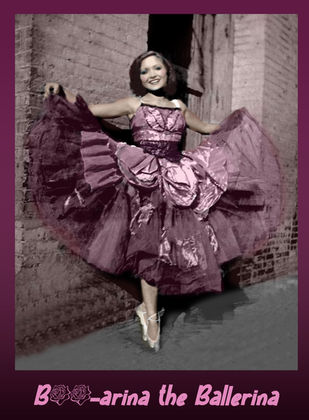 Student-restored vintage ballerina portrait featuring repaired damage, realistic colorization, and professional Photoshop photo restoration techniques. with maroon border.