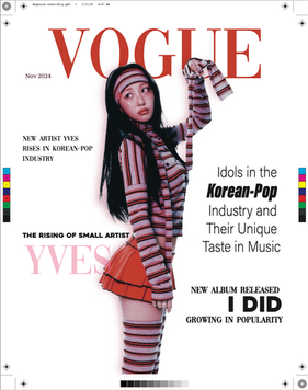 Student-designed, camera-ready Vogue magazine cover featuring a Korean pop idol in a striped outfit with headlines about K-pop fashion, music, and rising artists. Editorial headlines are arranged with elegant typography and visual hierarchy. Created using Adobe Illustrator and Photoshop, then prepared for professional printing. Crop marks, registration marks, color bars, and other printer’s marks surround the finished cover.