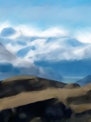 Student-created digital landscape painting of snow-covered blue mountains with softly blended icy peaks, dark rocky hills, and open sky completed in Adobe Photoshop using a Wacom tablet, custom brushes, layers, and painting techniques.