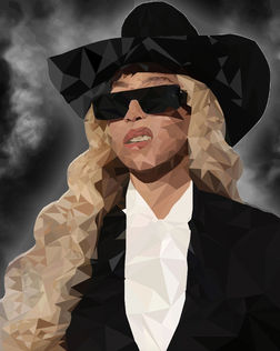 Student-designed low-poly portrait of a long-haired blonde woman, confident, wearing a black cowboy hat, dark sunglasses, and a tailored jacket, set against a smoky grayscale background. The strong contrast and composed pose convey independence and attitude. Created in Adobe Illustrator.