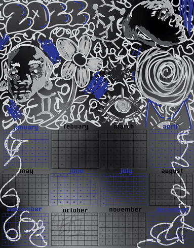 Student-designed 2022 one-page calendar featuring black and white hand-drawn doodle art. Created in Adobe Illustrator.