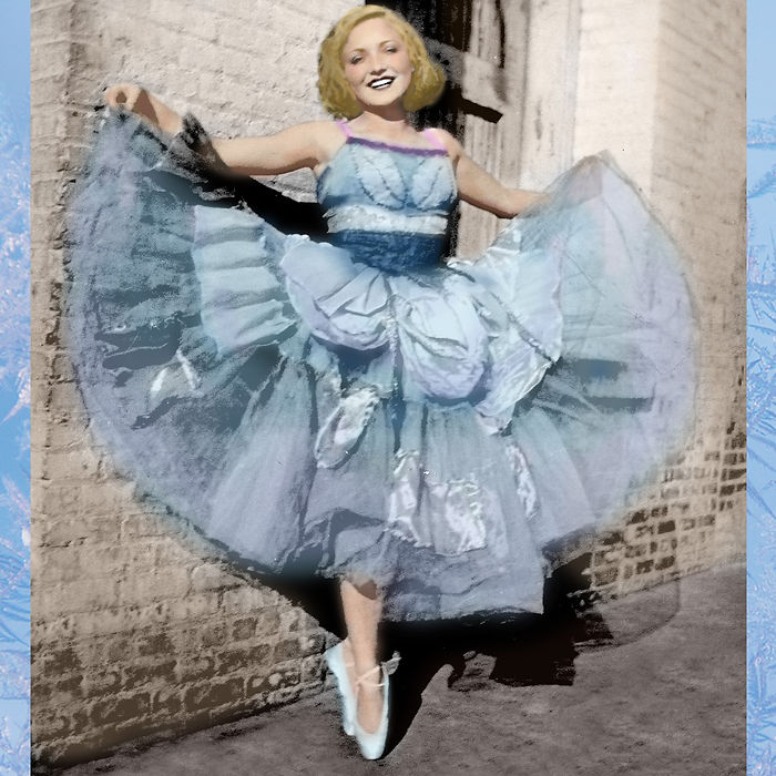 Student-restored vintage ballerina portrait featuring repaired damage, realistic colorization, and professional Photoshop photo restoration techniques.