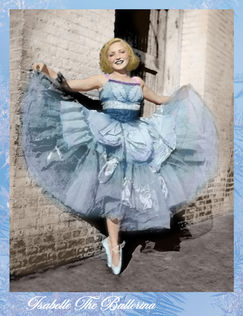 Student-restored vintage ballerina portrait featuring repaired damage, realistic colorization, and professional Photoshop photo restoration techniques with soft blue textured border.