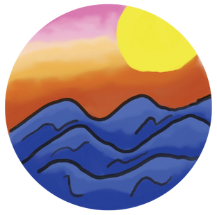 Student-designed wearable button featuring original digital artwork of ocean sunset as a small-format expression of creativity.