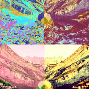 Colorful mountain photo in abstract symmetry arrangement using Photoshop Adjustment Layers to explore color and mood.