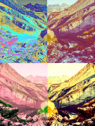 Colorful mountain photo in abstract symmetry arrangement using Photoshop Adjustment Layers to explore color and mood.