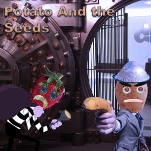 Student-designed storybook cover featuring original fruit and vegetable characters, creative digital compositing, and custom typography created in Adobe Photoshop.